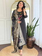 The52 Women Gorgeous Roman Silk Fabric Straight Kurta, Pant and Dupatta Set - Distacart
