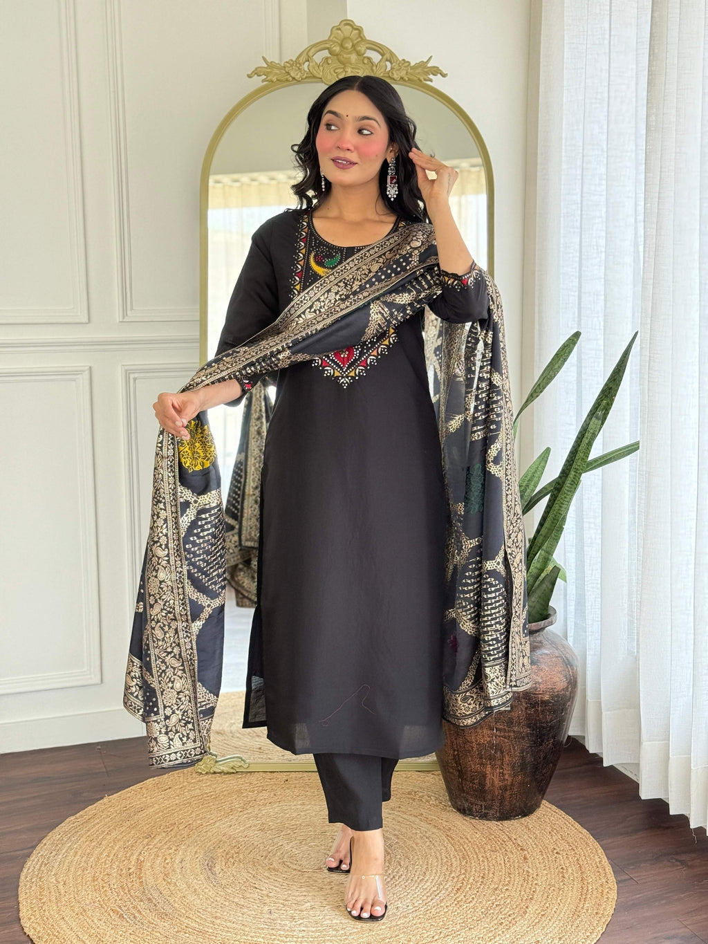 The52 Women Gorgeous Roman Silk Fabric Straight Kurta, Pant and Dupatta Set - Distacart