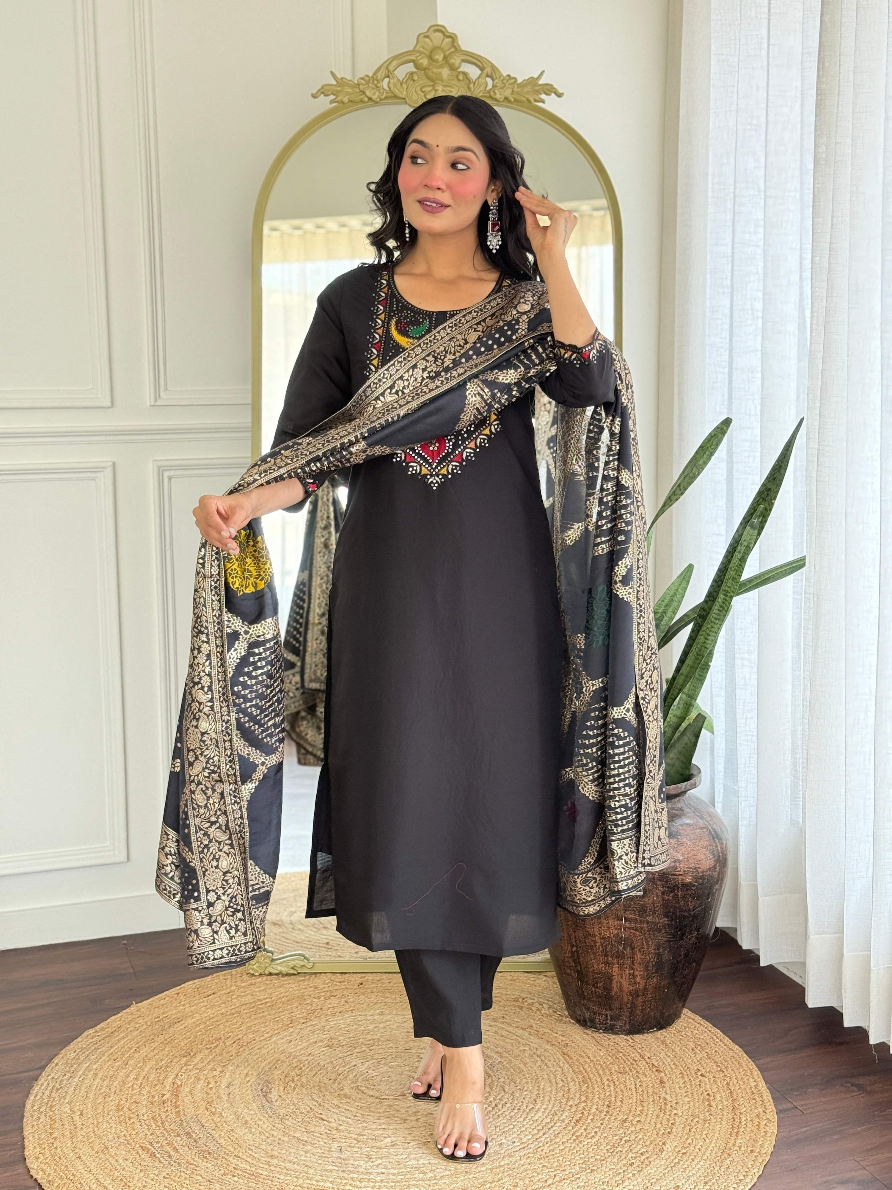The52 Women Gorgeous Roman Silk Fabric Straight Kurta, Pant and Dupatta Set - Distacart