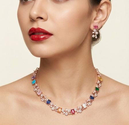 Jewel City Multi-Color Gemstone Floral Necklace Set - Handcrafted 18K Rose Gold Plated Jewellery for Weddings & Parties