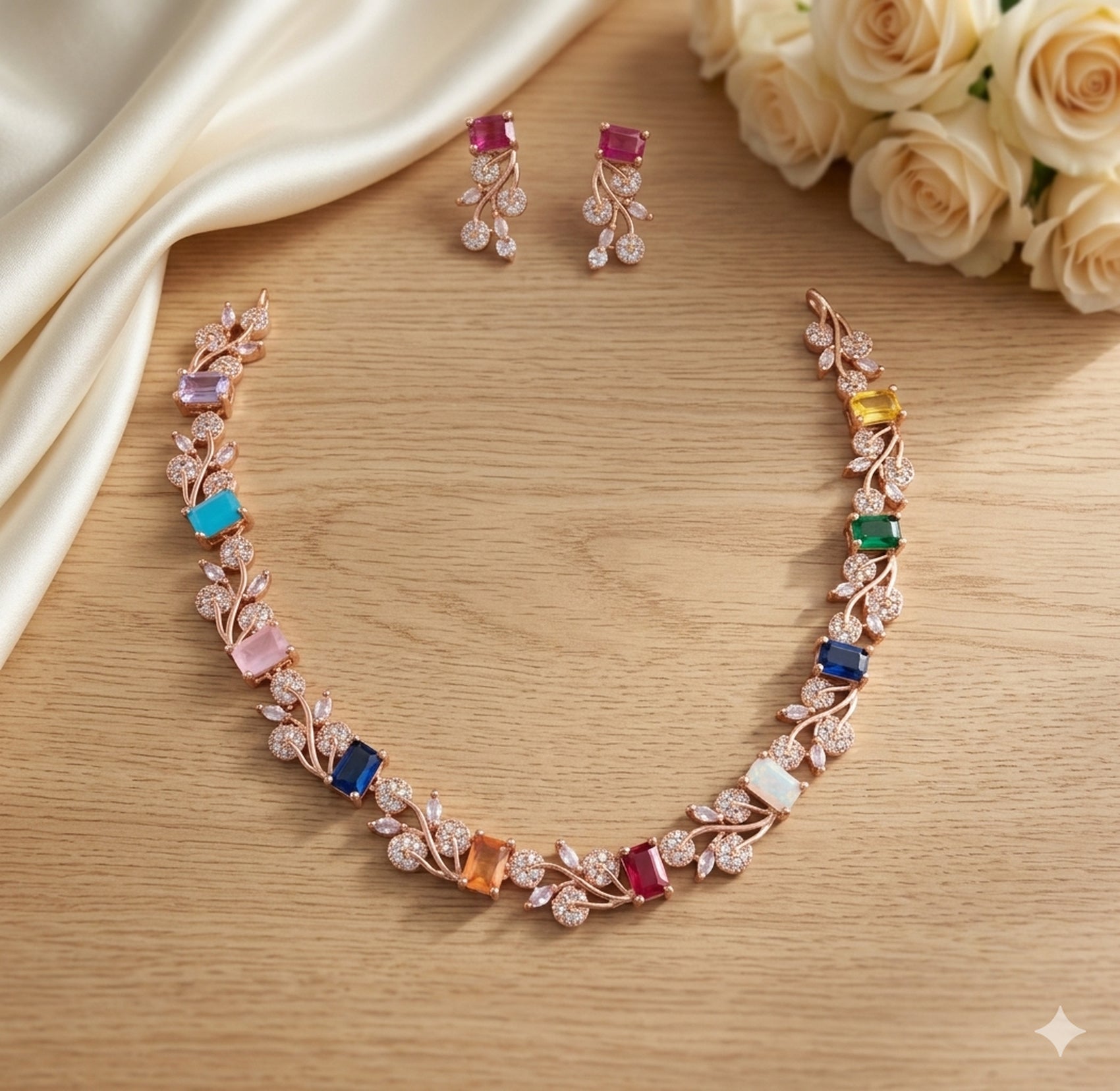 Jewel City Multi-Color Gemstone Floral Necklace Set - Handcrafted 18K Rose Gold Plated Jewellery for Weddings & Parties - Distacart