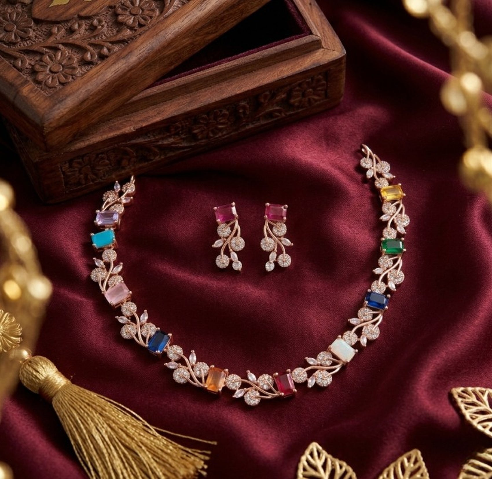 Jewel City Multi-Color Gemstone Floral Necklace Set - Handcrafted 18K Rose Gold Plated Jewellery for Weddings & Parties - Distacart