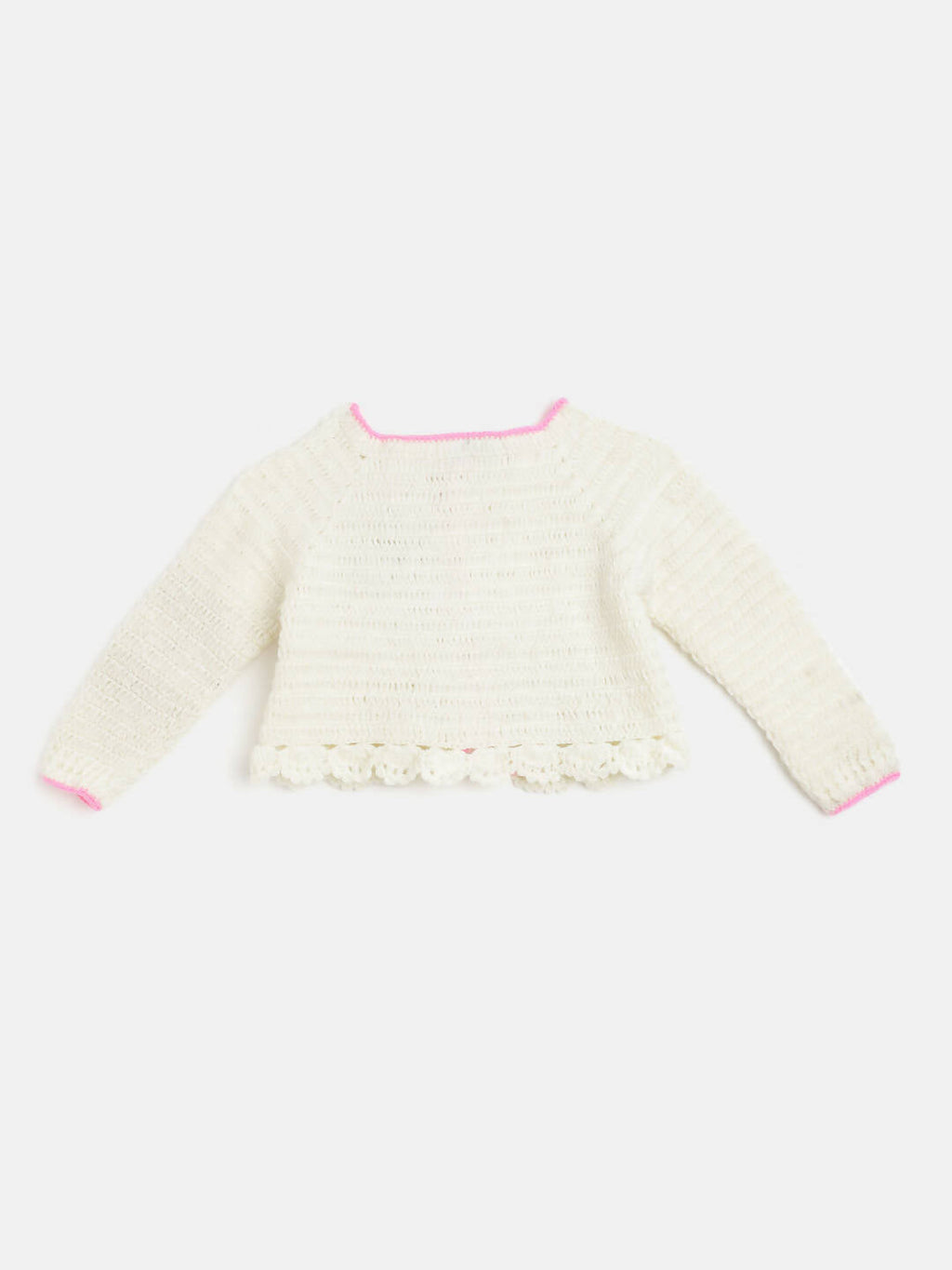 Chutput Kids Woollen Hand Knitted Full Sleeves Cardigan With Short Sleeves Flower Work Dress For Baby Girls - Cream