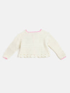 Chutput Kids Woollen Hand Knitted Full Sleeves Cardigan With Short Sleeves Flower Work Dress For Baby Girls - Cream