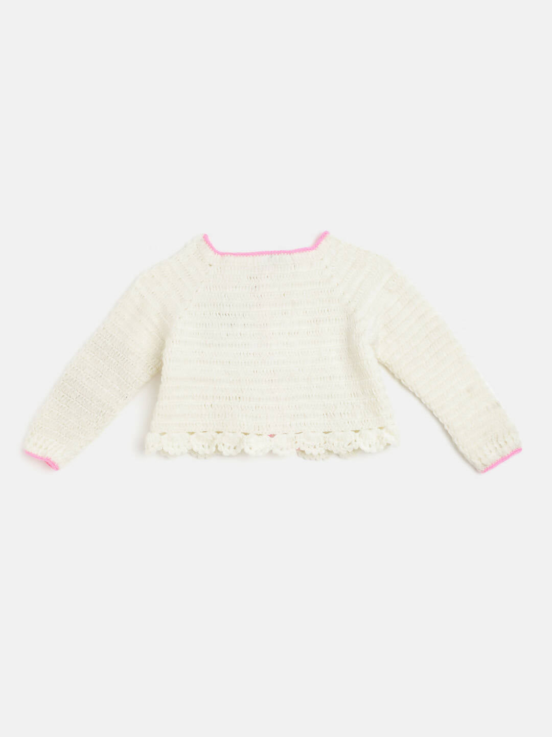 Chutput Kids Woollen Hand Knitted Full Sleeves Cardigan With Short Sleeves Flower Work Dress For Baby Girls - Cream