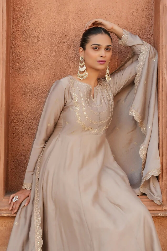 The52 Brown Women's Gorgeous Vichitra Silk Fabric Embroidered Work Flared Anarkali Pant and Dupatta Set - Distacart