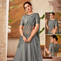 Grey Fancy Velvet Thread, Cord And Sequins Embroidery Semi-Stitched Lehenga Saree - Mohmanthan Dezzy