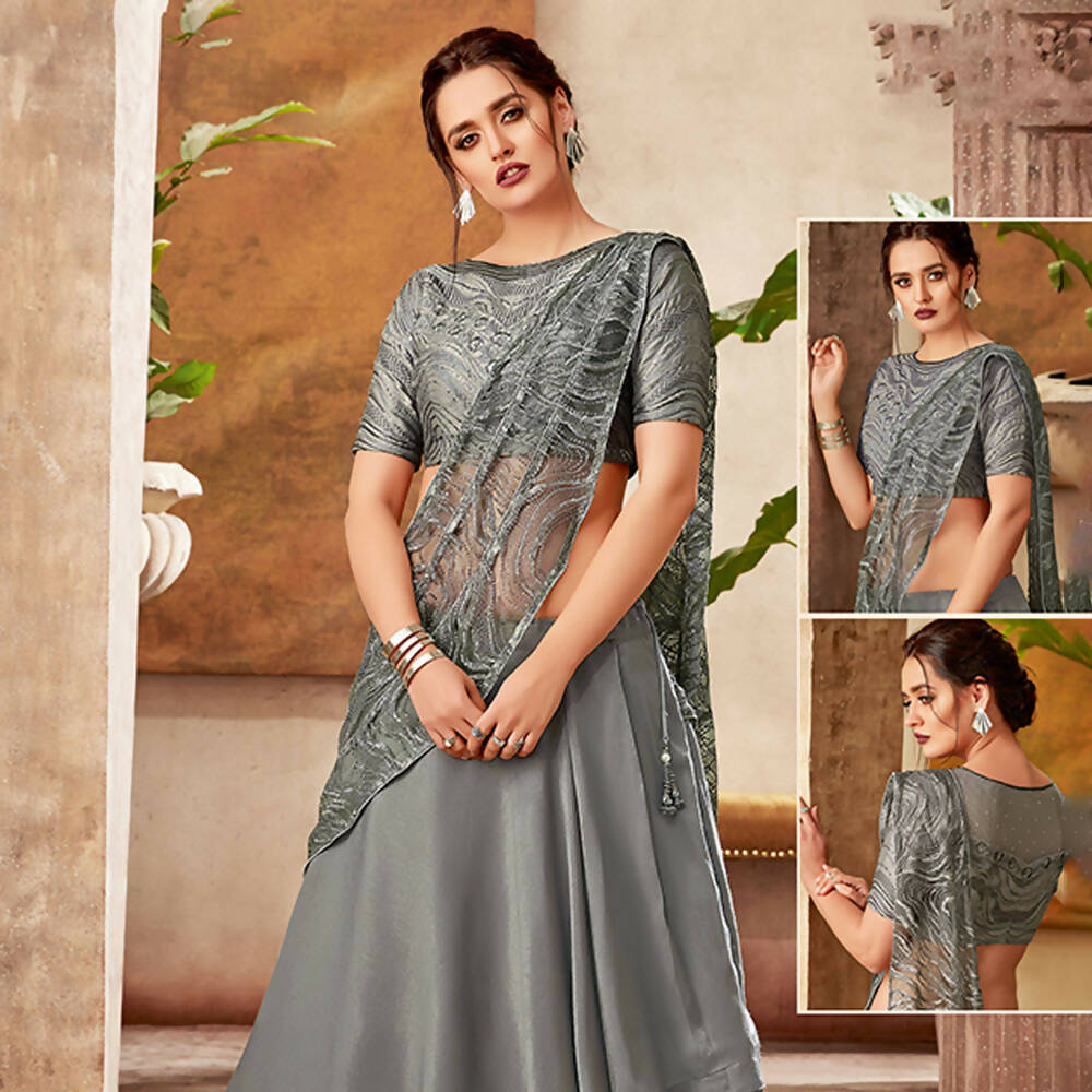 Grey Fancy Velvet Thread, Cord And Sequins Embroidery Semi-Stitched Lehenga Saree - Mohmanthan Dezzy