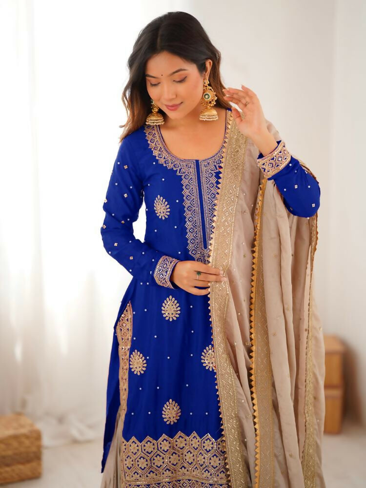 Lehenga Mart Designer Sharara Suit With Kurta, Sharara, Dupatta For Women-Blue - Distacart