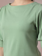 Myshka Women's Sea Green Solid Boat Neck Party Top With Trousers Co-ord set