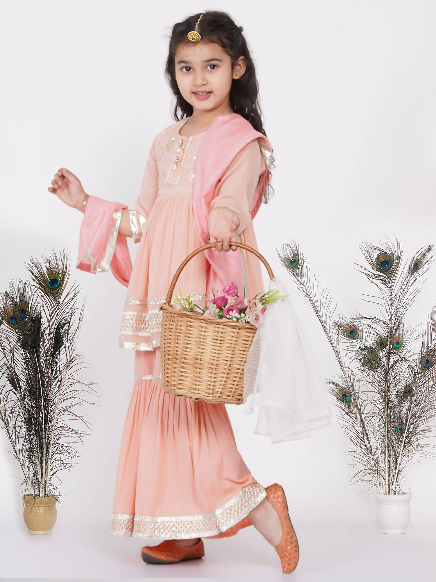 Little Bansi Girls Cotton Gotta Patti Kurta frock with Sharara & Dupatta - Peach