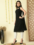 Myshka Women's Black Georgette Sleeveless Straight Party Kurta With Dupatta Set