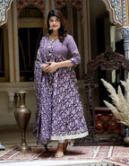 Miravan Women's Flower Printed Blue Anarkali Kurta With Beautiful Border And Dupatta