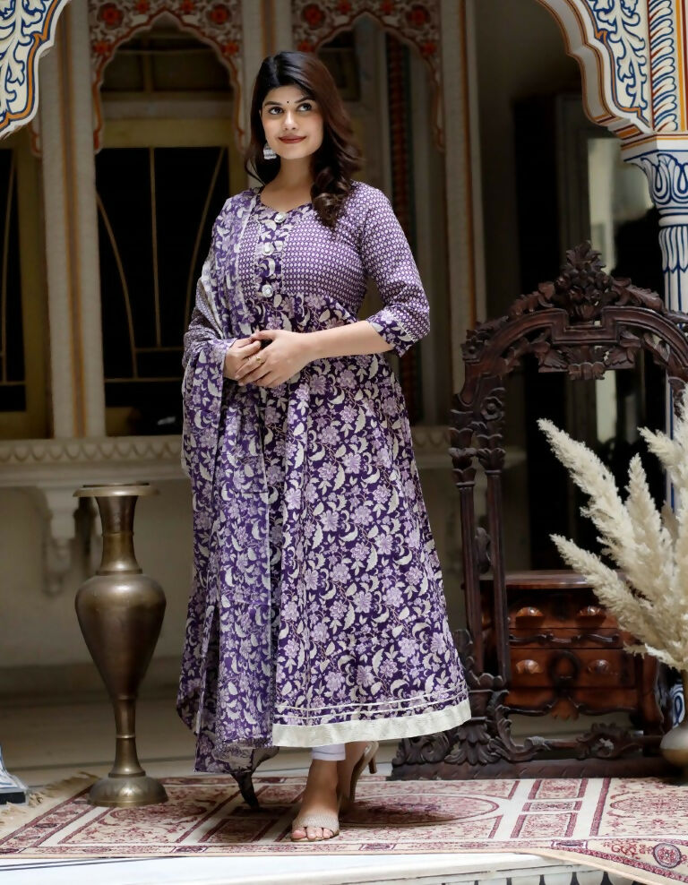 Miravan Women's Flower Printed Blue Anarkali Kurta With Beautiful Border And Dupatta