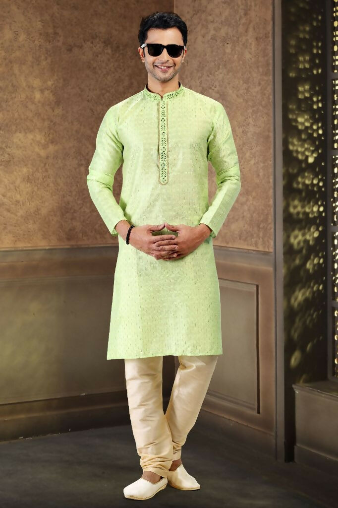Raivat Ethnic Jacquard Art Silk Mirror and Thread Work Kurta Pajama In Pista Green Colour - Distacart