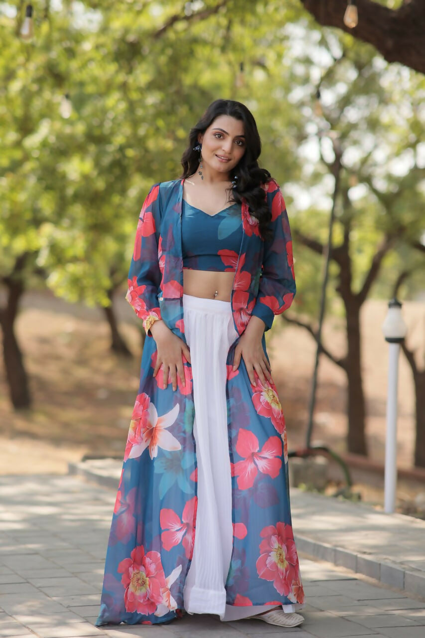 Vastranavya Latest Fancy Party Wear Lehenga Choli With Shrug - Blue
