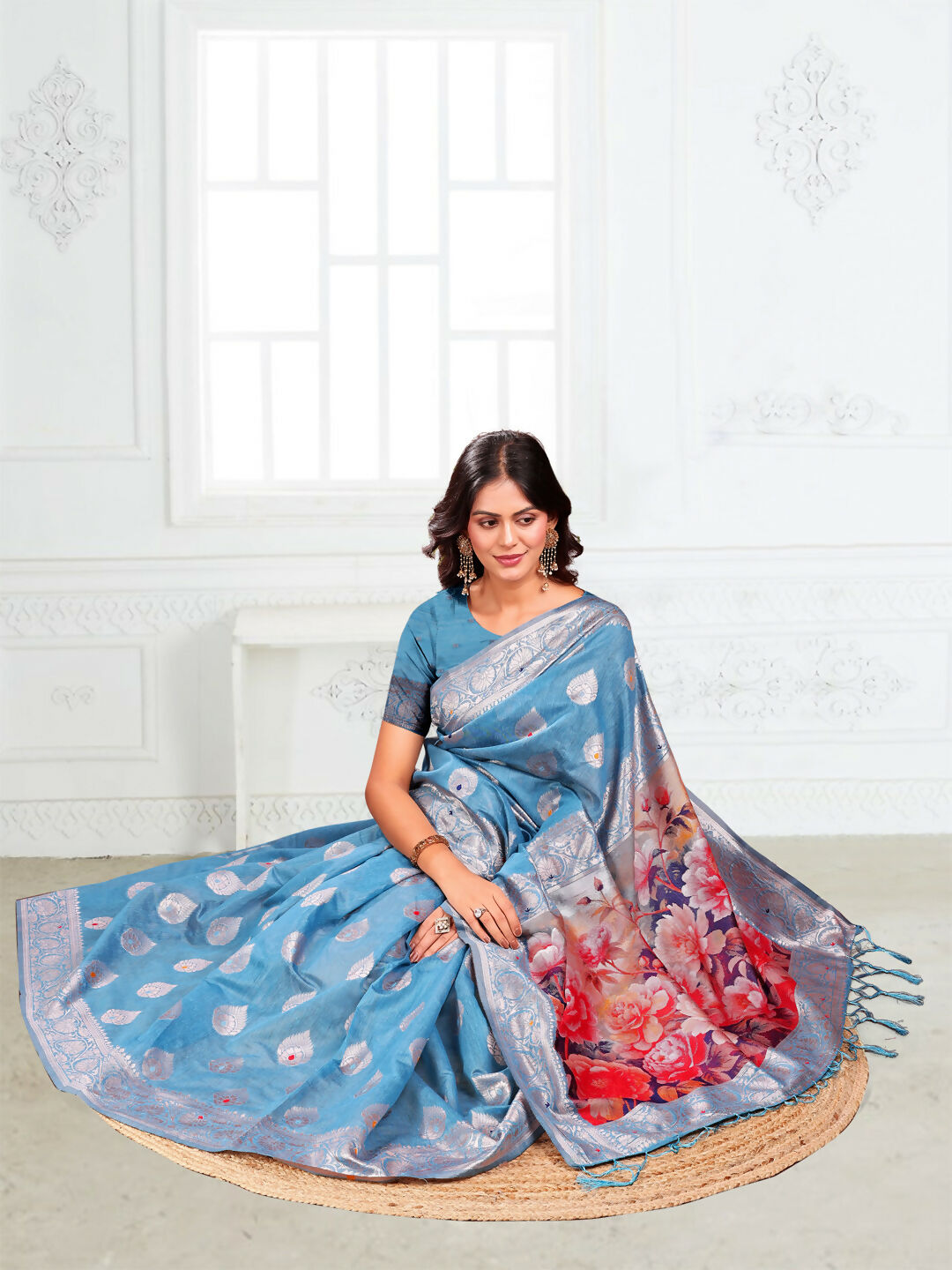 Shree Shyam Fashion Linen Cotton Sky Blue Saree - Distacart