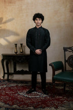 Falling Raw Silk Black Kajal Phool Kurta Set By Hilo Design