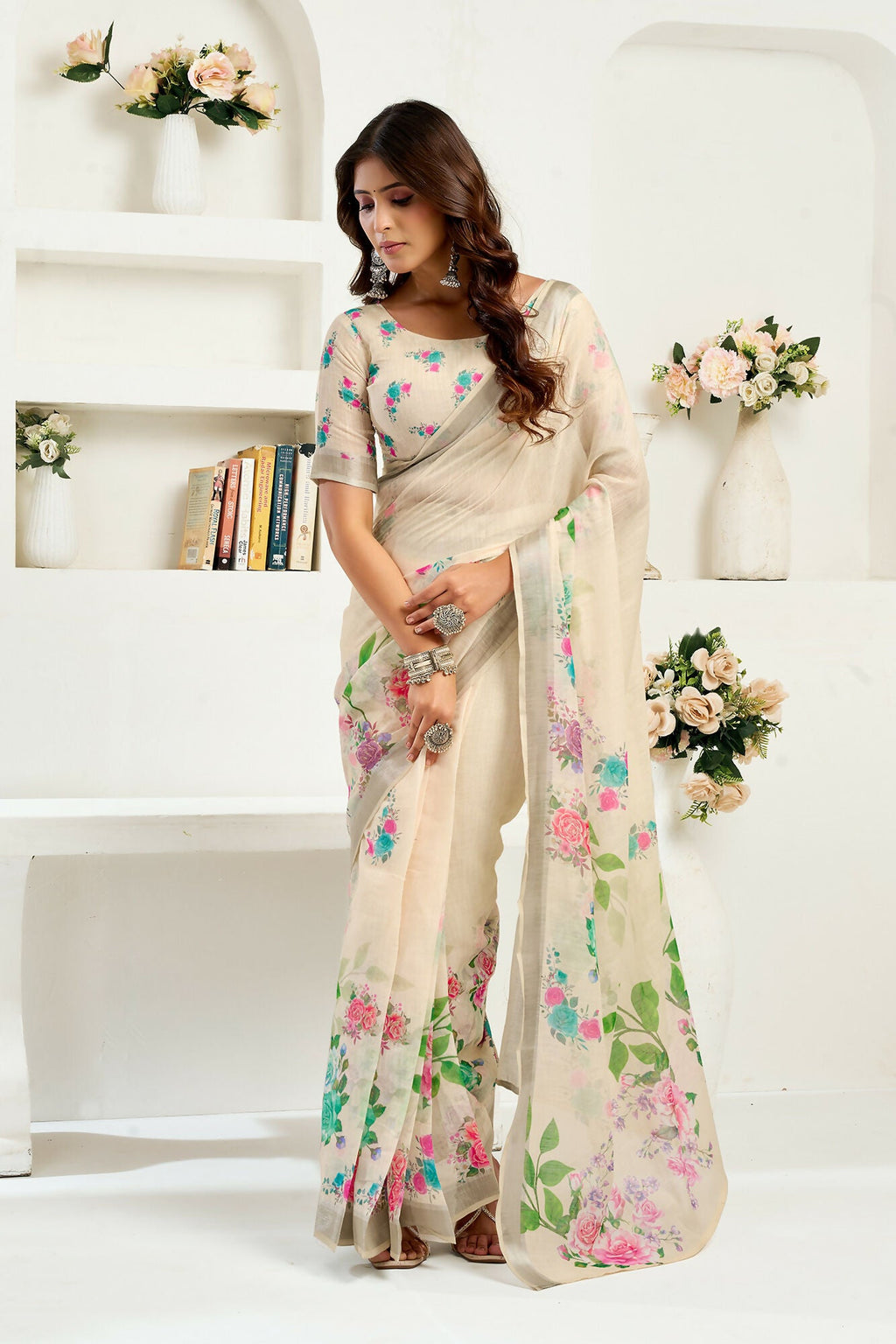 Vastranavya Cream Digital Printed Linen Ready To Wear Designer Saree with Unstitched Blouse - Distacart