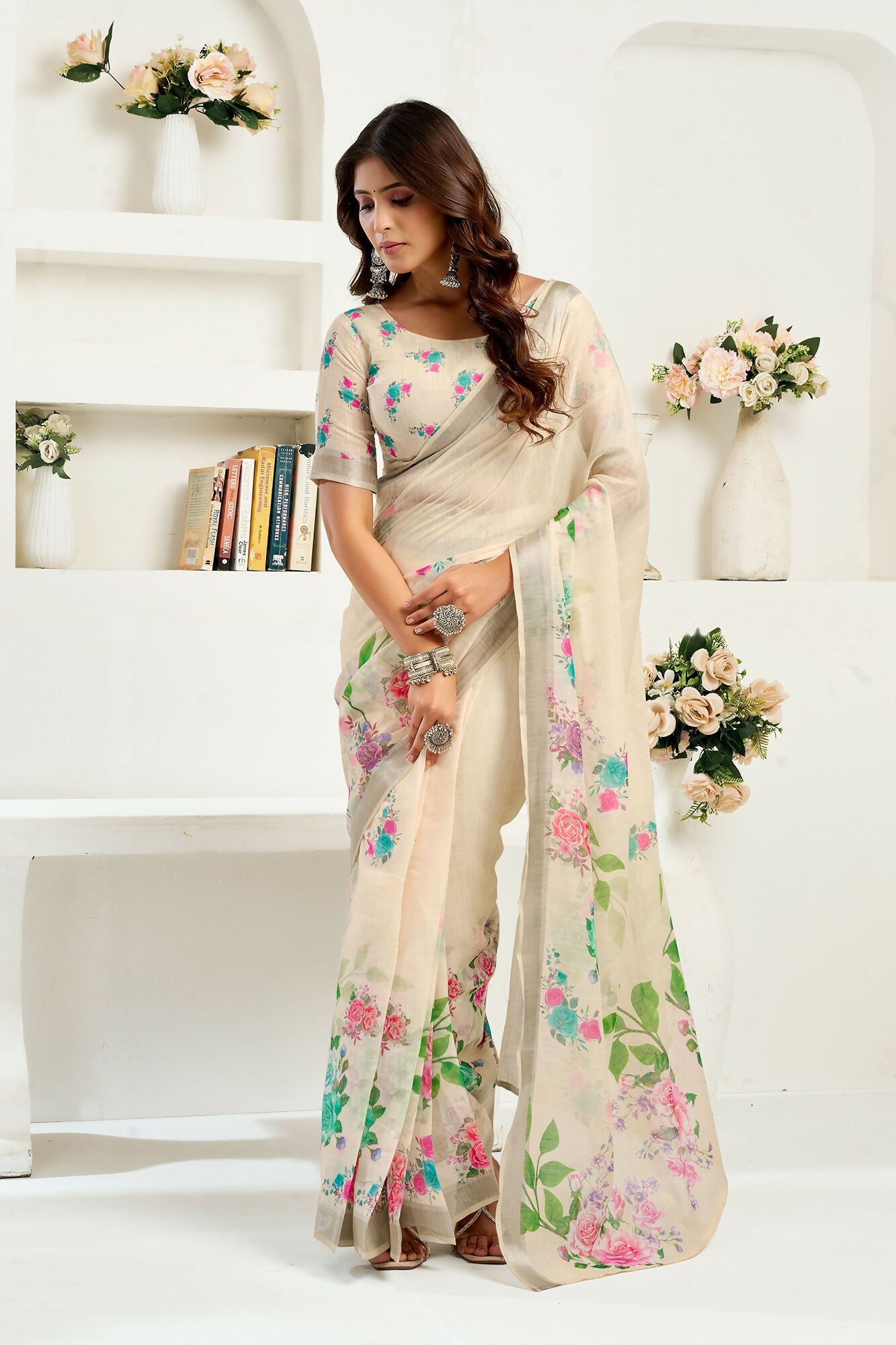 Vastranavya Cream Digital Printed Linen Ready To Wear Designer Saree with Unstitched Blouse - Distacart
