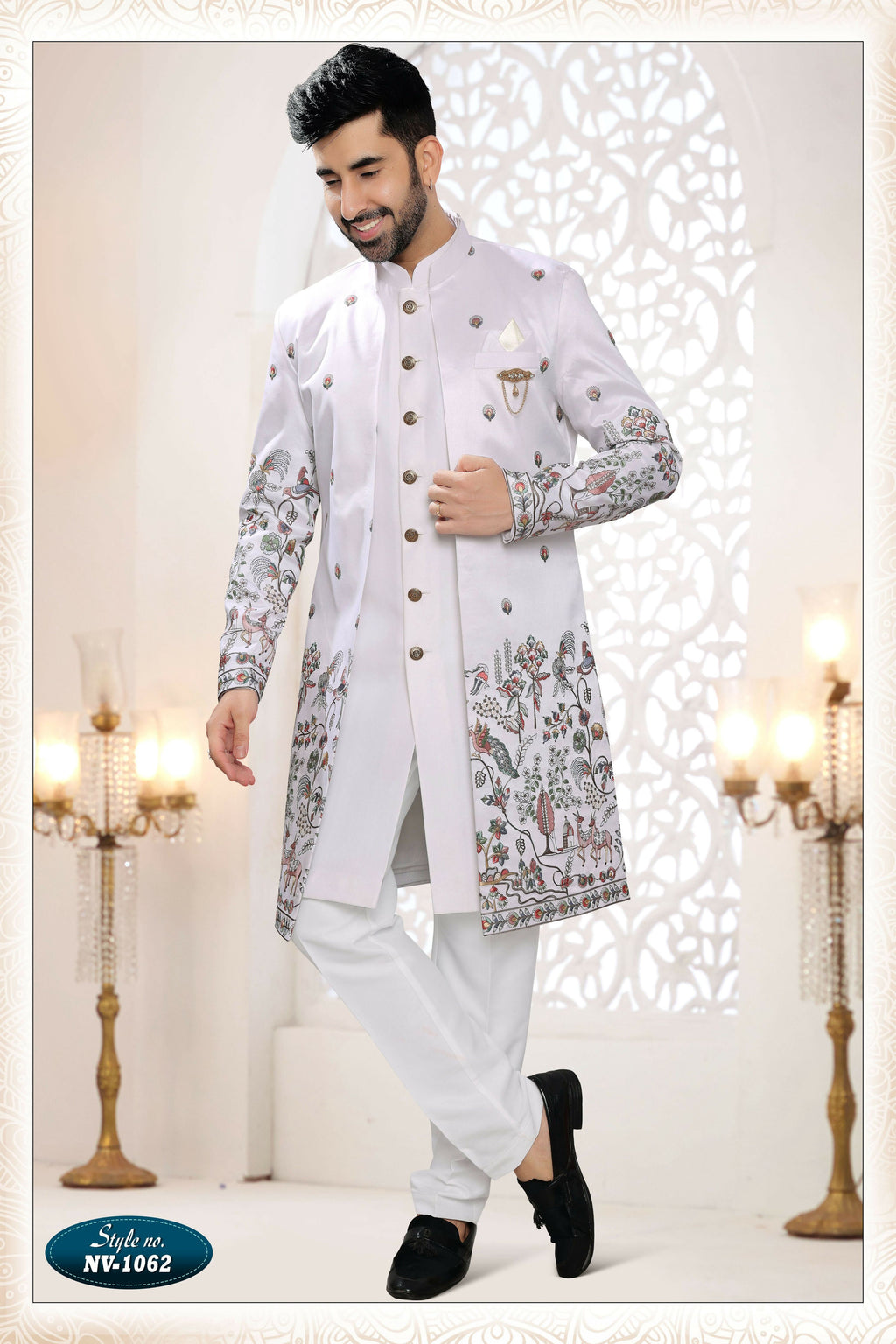 Joban Fashion Men's White Straight Silk Thread And Sequence Embroidery All Over 3 Pc Kurta Set