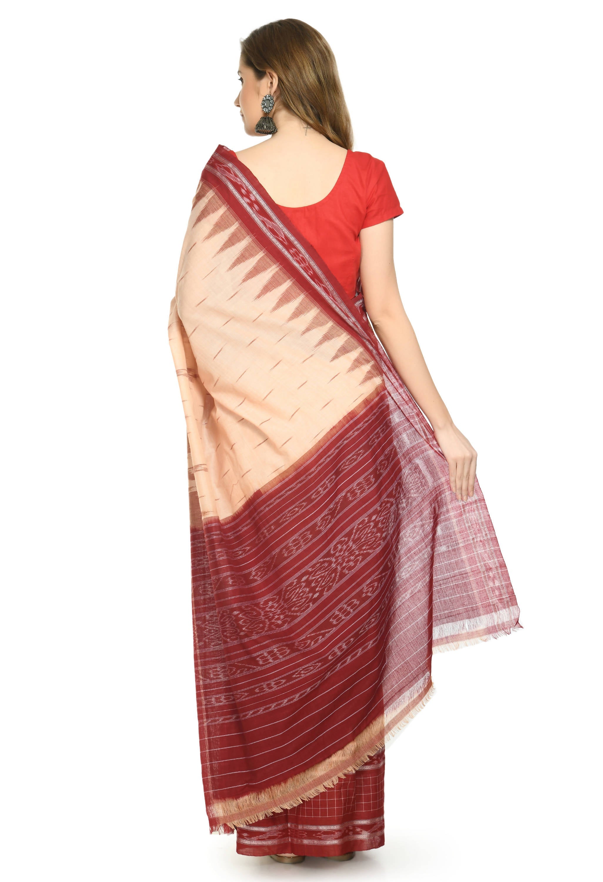 Vamika Sambalpuri Ikat Cotton Scot Dali Tasrite & Maroon Saree - Distacart