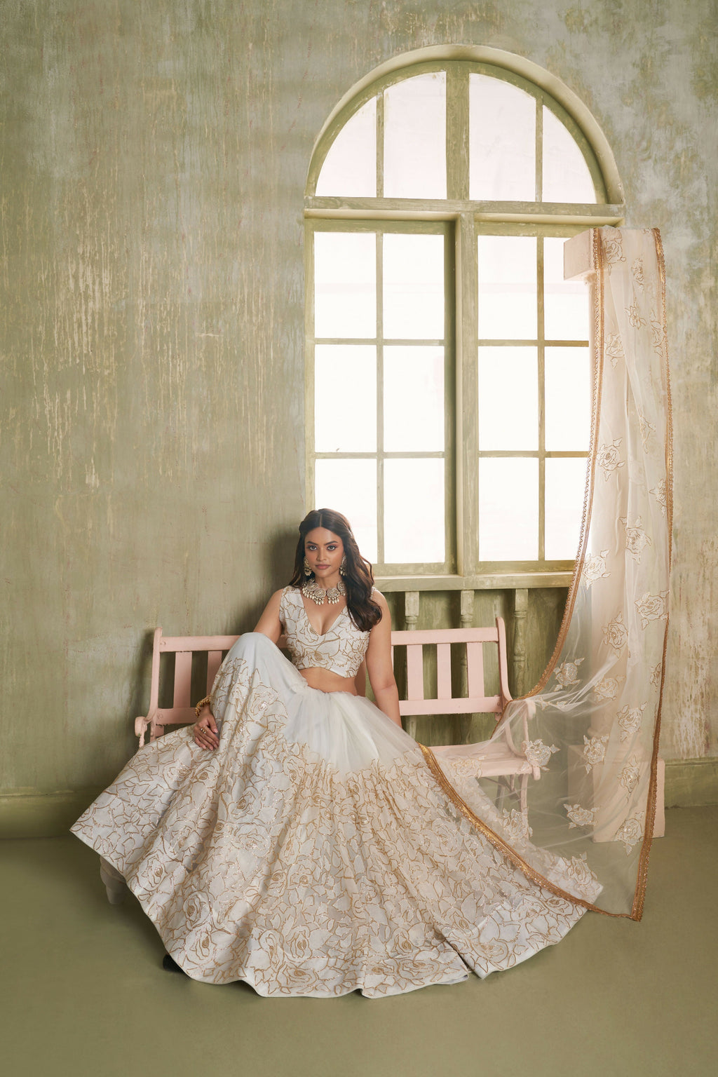 Eilara Off White Net Embroidered, Sequins And Thread Work A - Line Lehenga Choli For Engagement