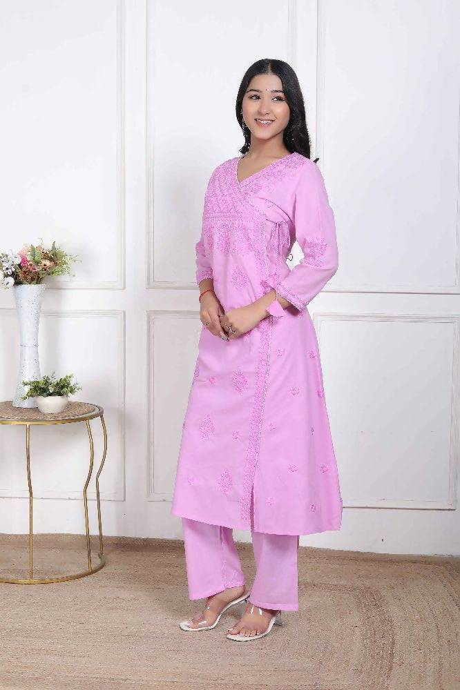 Miravan Womens Pink Lucknowi Angrakha Style Kurta With Palazzo - Distacart