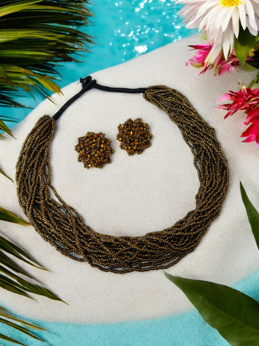 Inhanns Vibrant Handmade 20 Layers Beaded Necklace With Matching Earrings - Golden