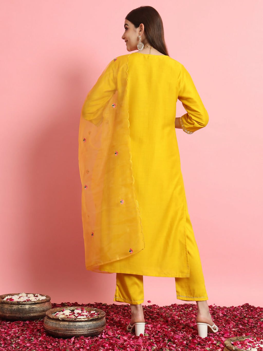 Vellora Sunshine Yellow Silk Blend Embroidered Casual Suit