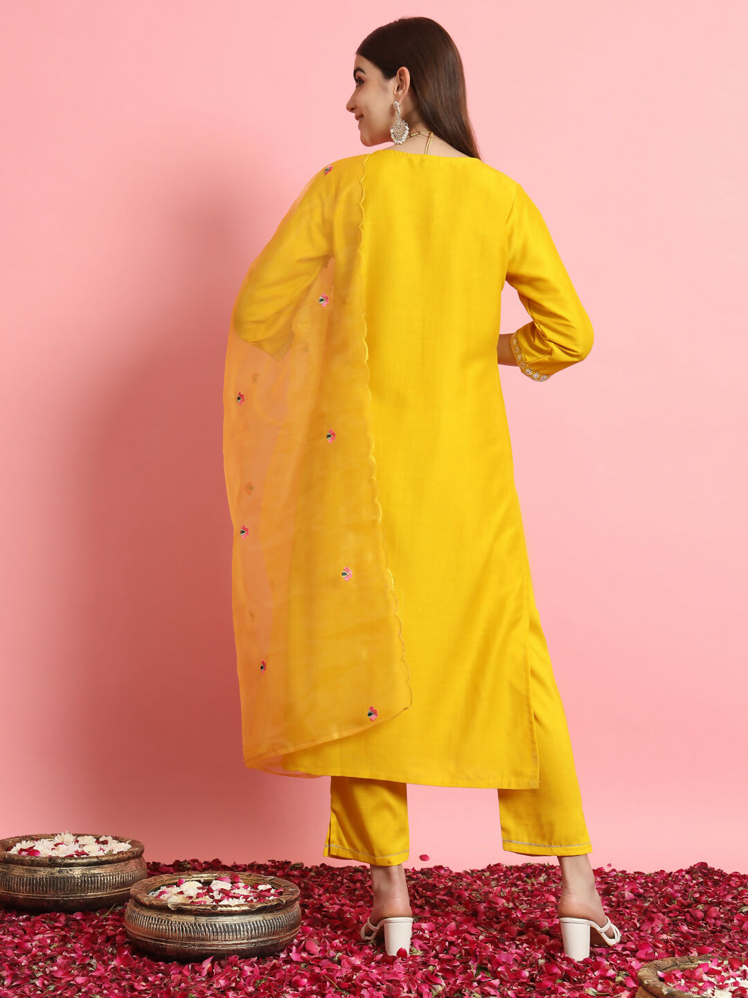 Vellora Sunshine Yellow Silk Blend Embroidered Casual Suit