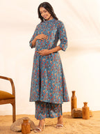 Janasya Blue Cotton Floral A-Line Kurta Set - Distacart