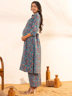 Janasya Blue Cotton Floral A-Line Kurta Set - Distacart