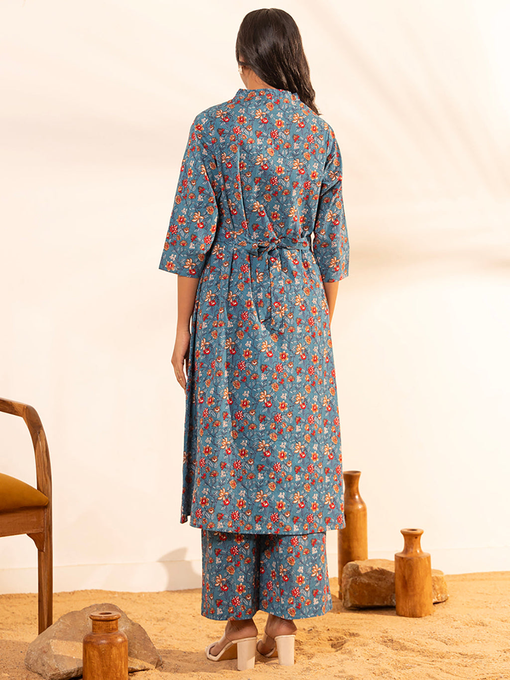 Janasya Blue Cotton Floral A-Line Kurta Set - Distacart