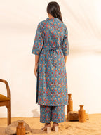 Janasya Blue Cotton Floral A-Line Kurta Set - Distacart