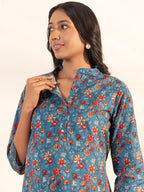 Janasya Blue Cotton Floral A-Line Kurta Set - Distacart