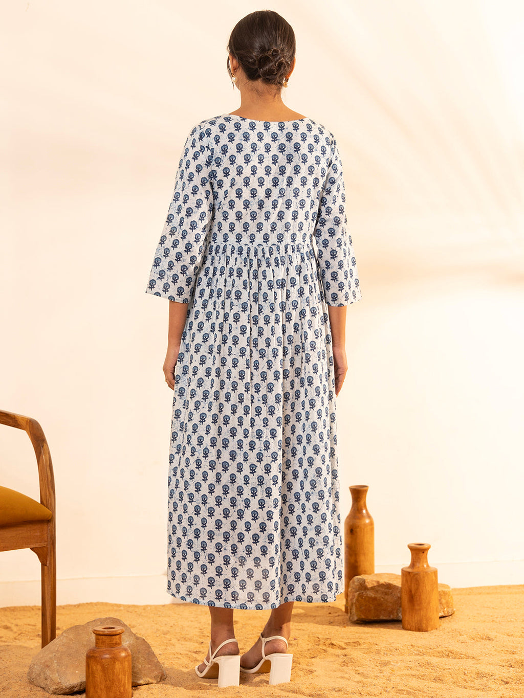 Janasya White Cotton Floral A-Line Dress - Distacart