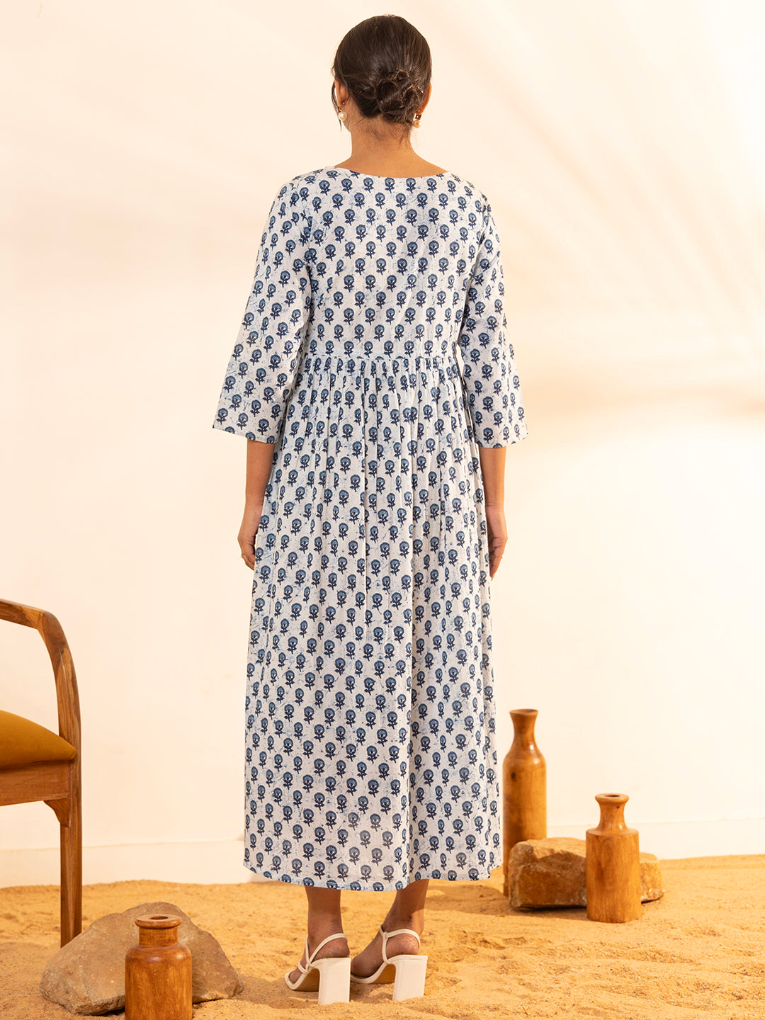 Janasya White Cotton Floral A-Line Dress - Distacart