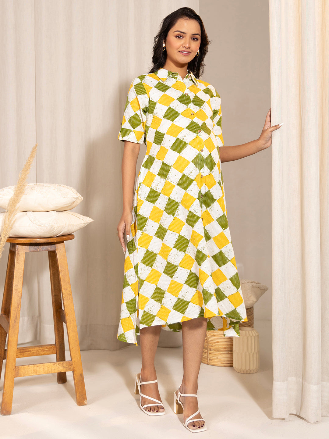 Janasya Multicolour Cotton Geometric A-Line Dress - Distacart