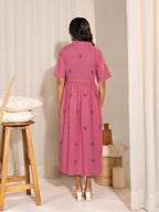 Janasya Pink Cotton Geometric Gathered Dress - Distacart