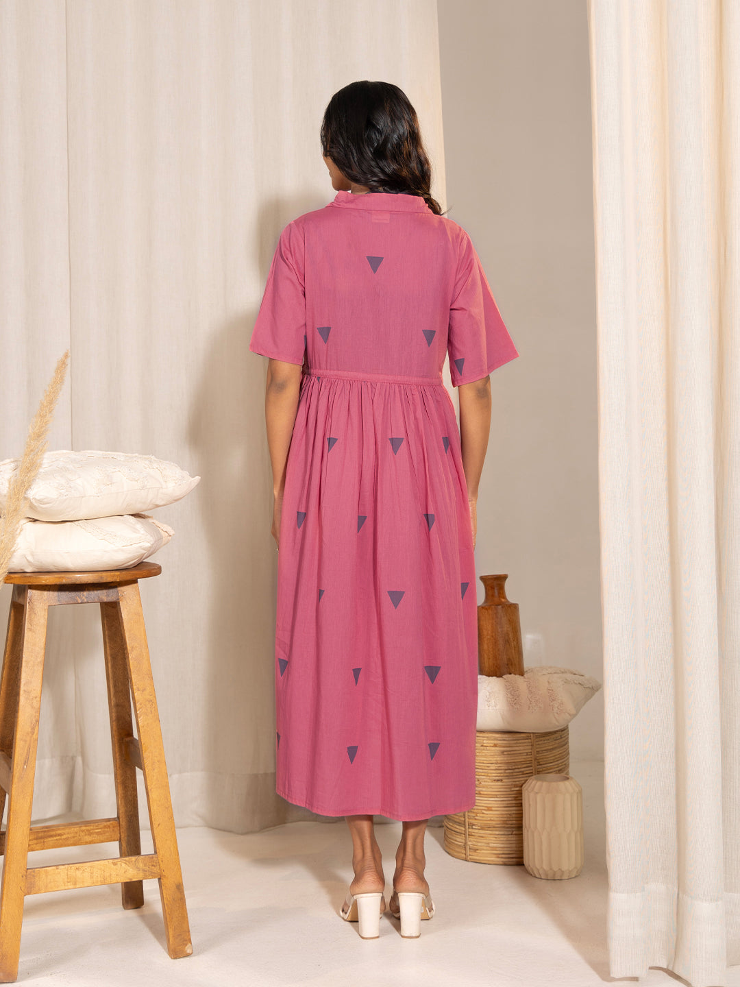 Janasya Pink Cotton Geometric Gathered Dress - Distacart