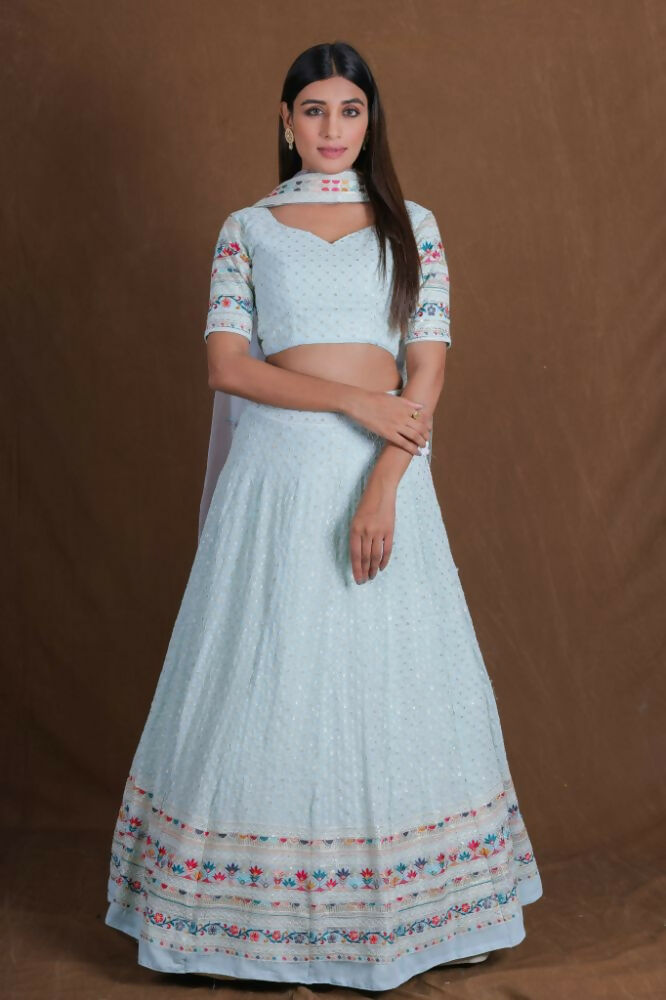 Skyblue Georgette Multicolor Thread Embroidery Work Lehenga Choli - Jihu Culture