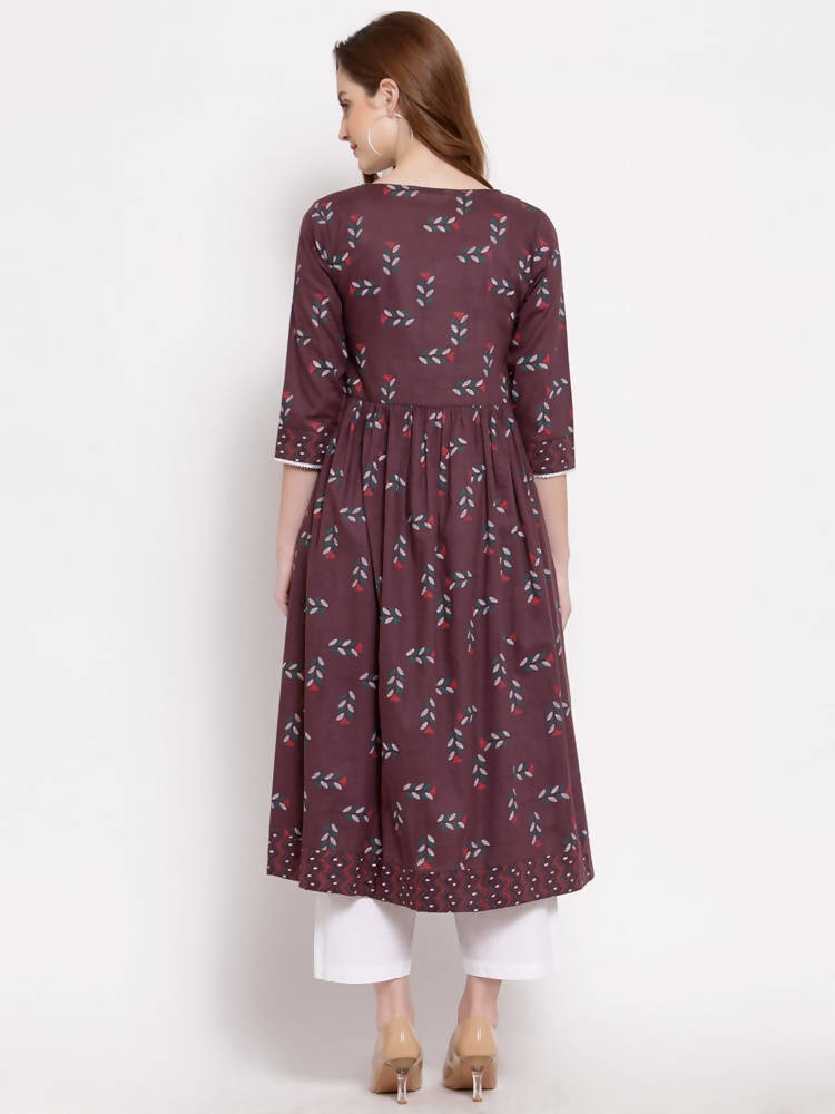 Myshka Women's Wine Cotton 3/4 Sleeve Round Neck Printed Casual Shrug