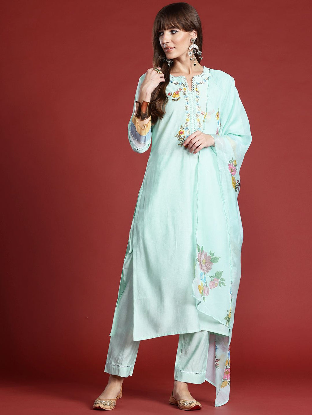Indo Era Floral Embroidered Thread Work Kurta with Trousers & With Dupatta - Distacart