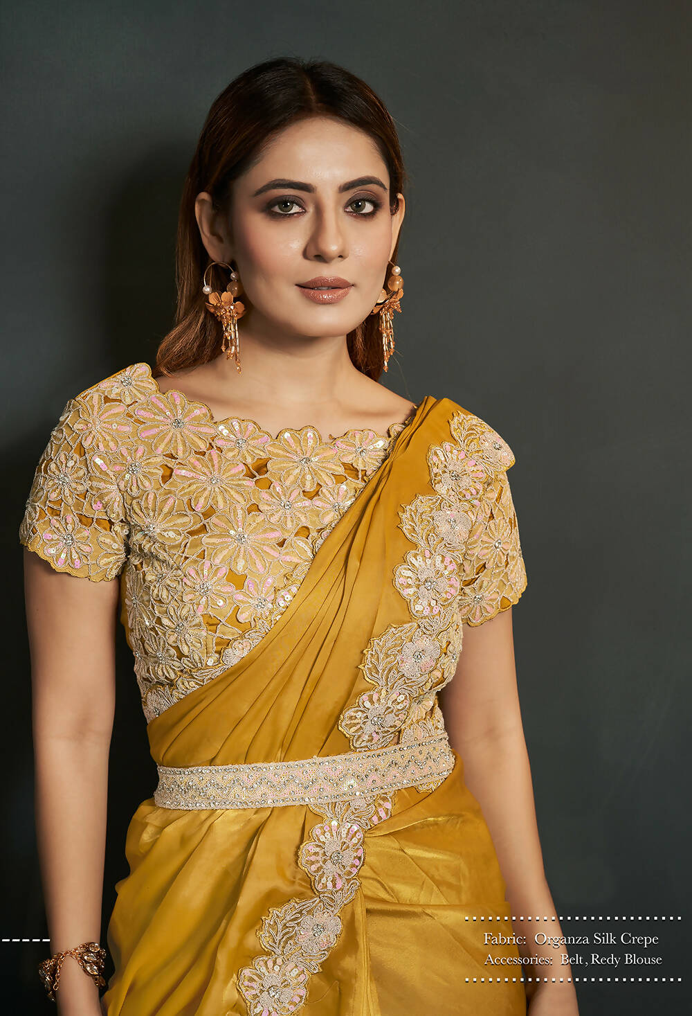 Mustard Organza Silk Crepe Cord Sequence & Thread Embroidered & Stone Work Saree - Moh-Manthan Royal Enigma