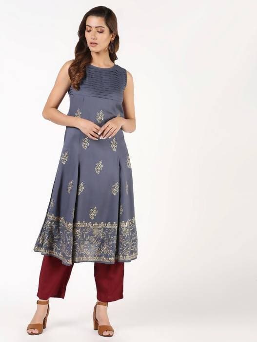 Aniyah Rayon Block Print Flared Grey Kurta (AN-150K)