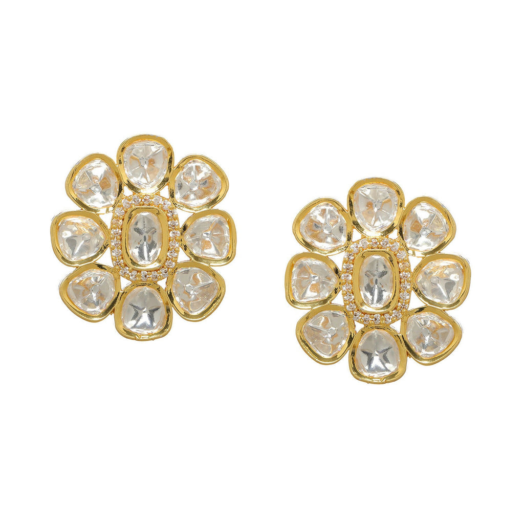 Oversized Round Kundan Studs (Gold) - Ruby Raang - Distacart