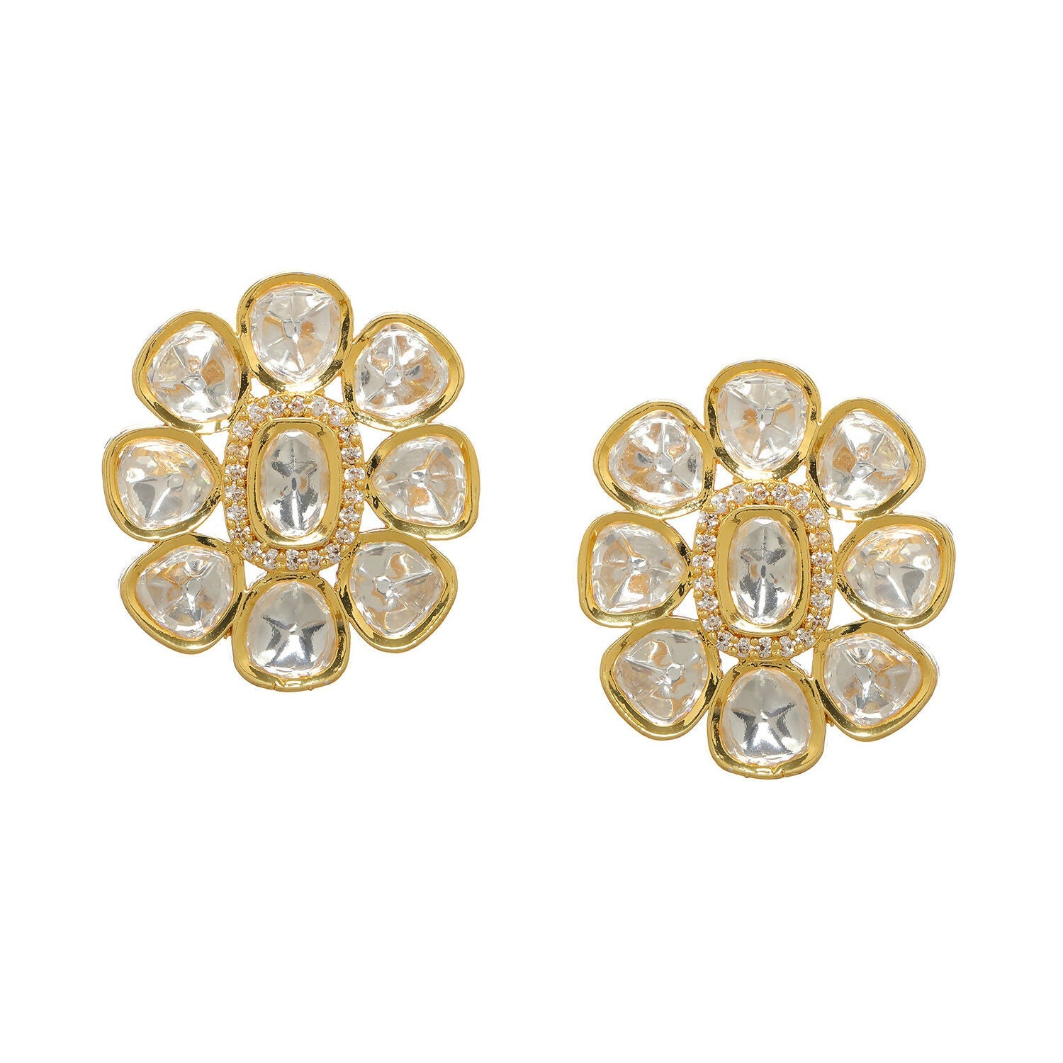 Oversized Round Kundan Studs (Gold) - Ruby Raang - Distacart