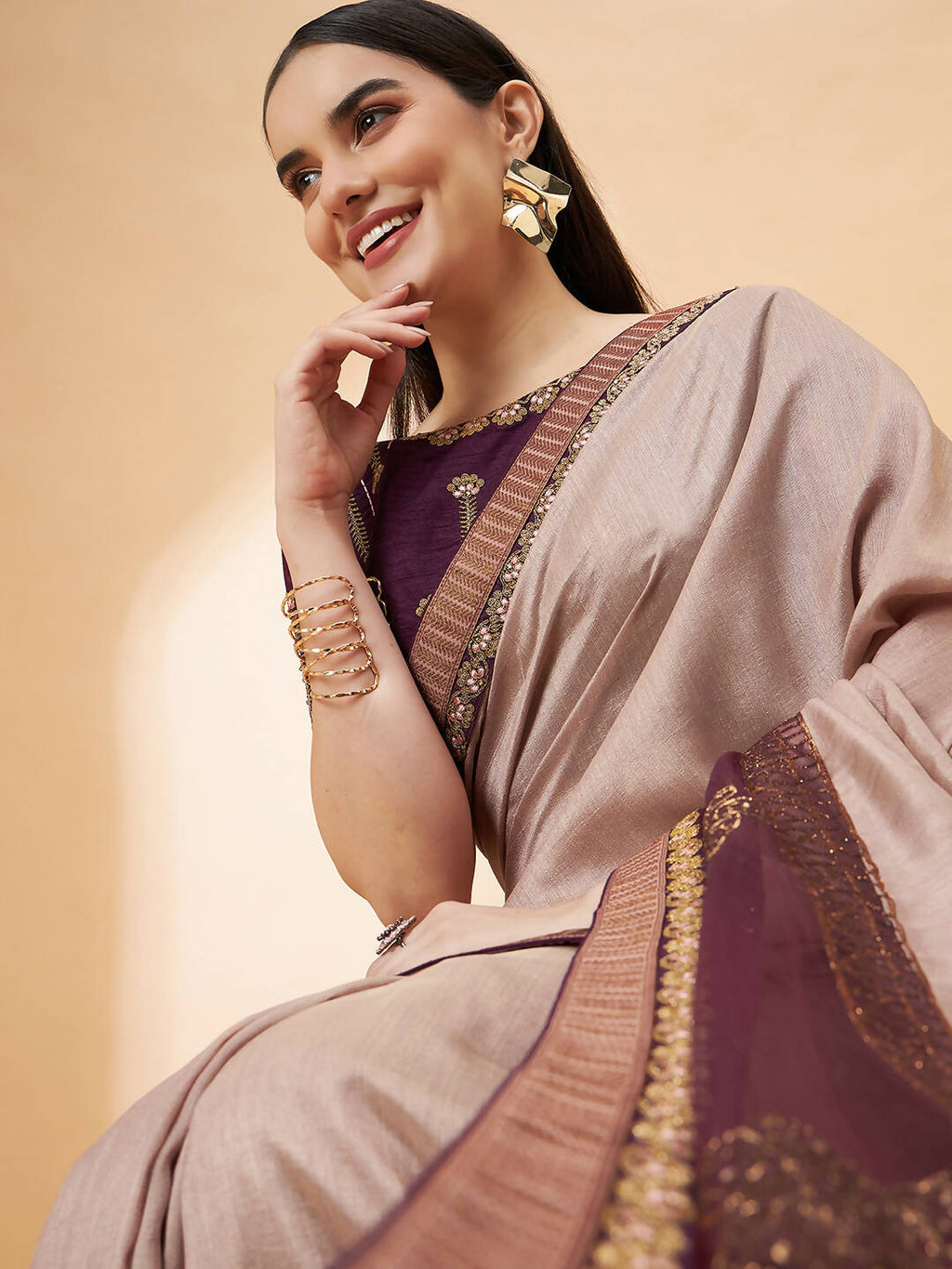 Beige, Purple Tussar Silk Zari, Thread And Cord Embroidery, Laser Cut Applique Saree - Norita Hit Design
