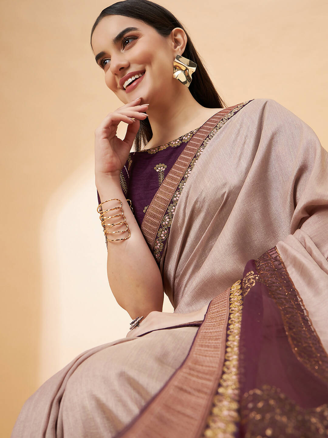 Beige, Purple Tussar Silk Zari, Thread And Cord Embroidery, Laser Cut Applique Saree - Norita Hit Design